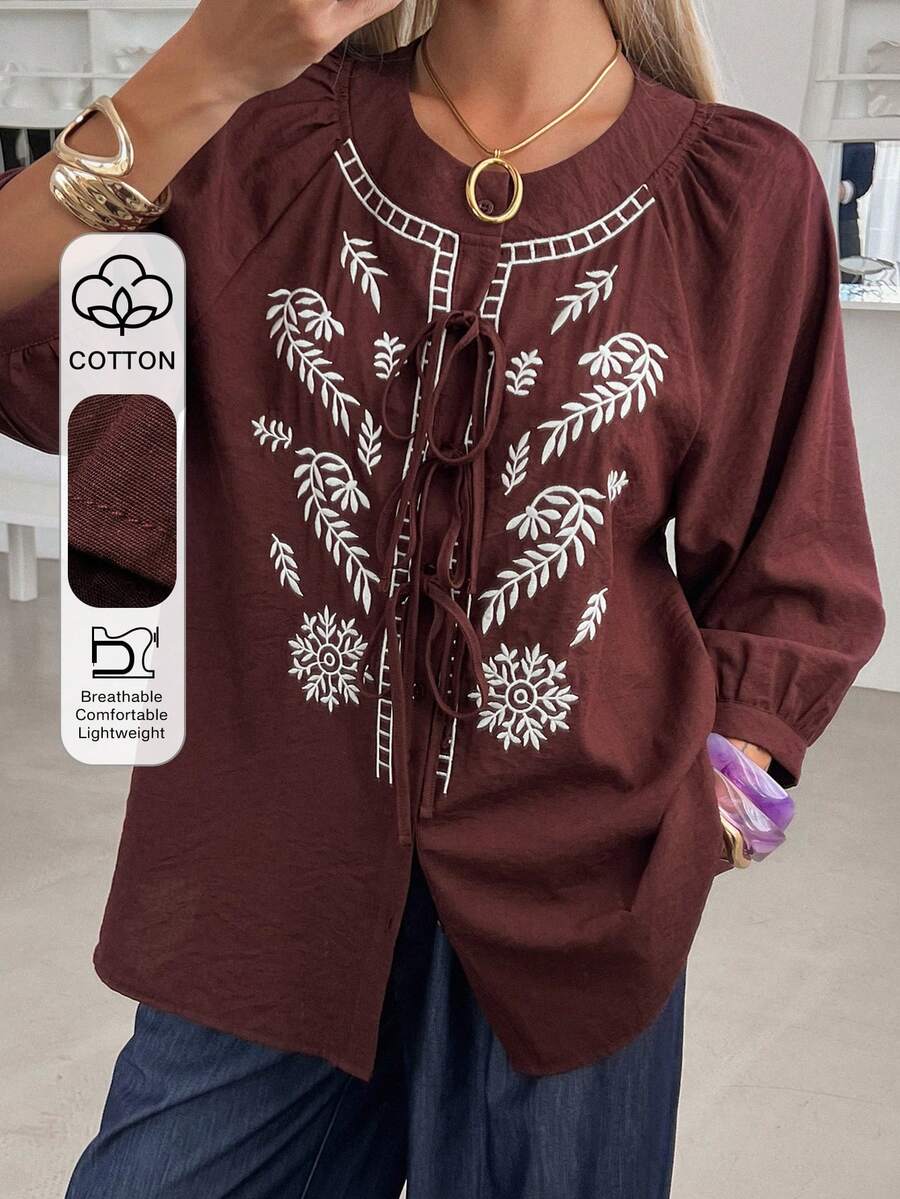 DAZY Women's Casual Commuter Floral Embroidery Tie-Front Shirt - Brown - View 1