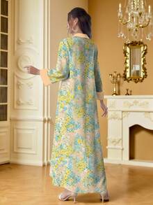 SHEIN Najma 黄蓝碎花V领开衩长袖连衣裙，优雅阿拉伯风度假日常穿着，春夏款 - 彩色 - 查看 2