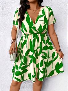 SHEIN Clasi Plus Size Women Vacation Plant Print Surplice V-Neck Short Sleeve Dress - Multicolor - View 5