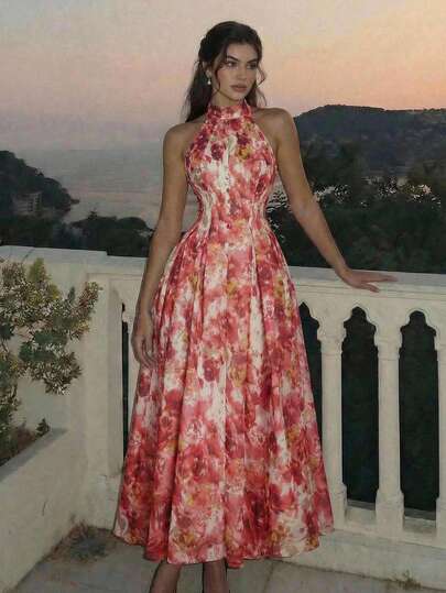 SHEIN MOD Vestido de mujer con cuello y cintura ajustada con estampado de teñido anudado