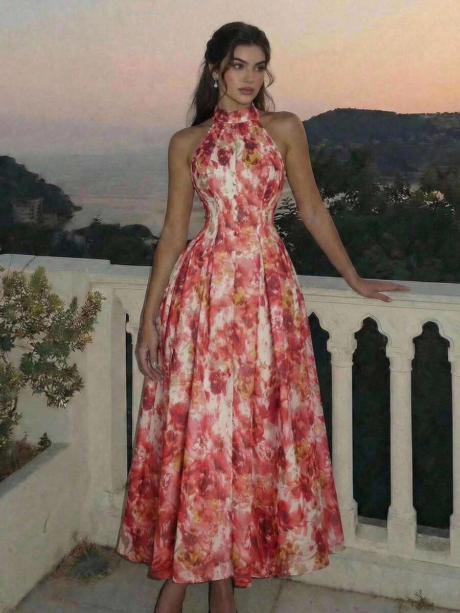 SHEIN MOD 女士扎染印花收腰领连衣裙 - 彩色 - 查看 1