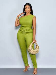 SOLERSUN Conjunto de top con hombros en ángulo y leggings con diseño plisado para mujer de talla grande, ideal para San Valentín, uso diario, citas, fiestas, conciertos, Año Nuevo, primavera, verano y graduación, elaborado en telas texturizadas de color verde - Verde - Ver 5