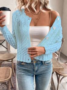 Rafferiza Áo khoác cardigan dệt kim cổ tròn khoét lỗ phía trước dành cho nữ, thích hợp cho mùa Thu/Đông. - Màu xanh nhạt - Xem 7