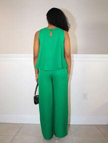 Steph T 優雅的圓領無袖寬鬆下擺短款上衣直筒褲橙色女裝兩件套-C - 綠色 - 查看 2