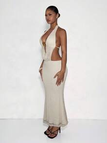 SHEIN PETITE 女士度假风深V海星印花纹理露背吊带高开衩连衣裙，米色 - 米色 - 查看 2