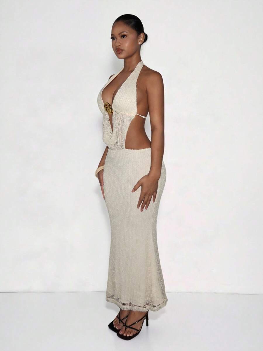 SHEIN PETITE 女士度假风深V海星印花纹理露背吊带高开衩连衣裙，米色