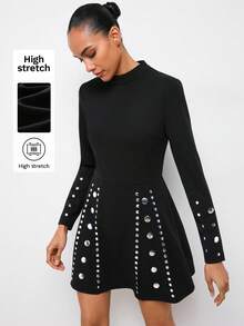 Maija Vestido mini de cuello alto de manga corta - Negro - Ver 1