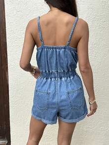 SHEIN Women's Summer Multi-Pocket Washed Denim Jumpsuit - Light Wash - View 5