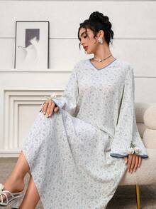 Yasmyna 女士梭织印花3D花卉宽松长袖阿拉伯连衣裙 - 藍色 - 查看 1