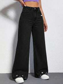 SHEIN EZwear 女士休闲日常通勤时尚街头风简约百搭高腰宽松阔腿牛仔裤 - 黑色 - 查看 5