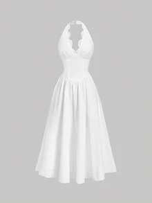 SHEIN MOD 女士优雅纯色撞色蕾丝收腰连衣裙，夏季 - 白色 - 查看 3