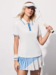 Gameset SHEIN Sport 女士撞色条纹印花短袖运动Polo衫，夏季 - 白色 - 查看 4