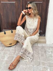 Serisse 女士度假植物刺绣贝壳边圆领吊带背心和裤子休闲两件套 - 彩色 - 查看 4