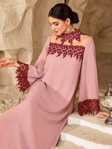 SHEIN Najma Vintage Romantic Colorblock Decorative Patchwork Women Long Sleeve Fashionable Young Dress - Pink - View 7