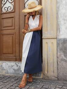Brillora Spring & Summer Sleeveless Woven Patchwork Dress For Women - Blue and White - View 6