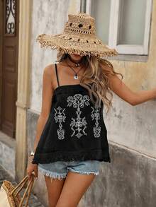 Brillora Women's Vacation Casual Retro Embroidered Camisole - Black - View 7