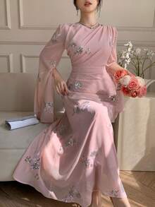 DAZY 女士优雅亮片花卉褶皱系腰中长连衣裙，春夏婚礼宾客礼服，女士长款连衣裙 - 粉色 - 查看 10