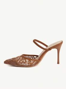 CUCCOO CHICEST 女士鞋履春夏新款网纱刺绣尖头细跟高跟鞋优雅性感网纱女式高跟鞋粘跟脚带包头高跟拖鞋优雅性感下午茶派对 Hunliji 百搭服饰 - 棕色 - 查看 4