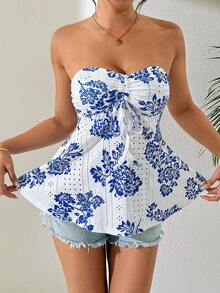 INAWLY 女士夏季度假印花镂空刺绣抹胸上衣 - 彩色 - 查看 3