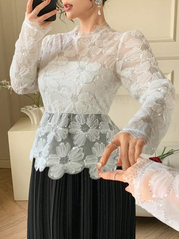 Spring & Summer Shiny Sequin Ditsy Floral Colorblock Black & White Patchwork Dress, Elegant For Valentine's Day, Wedding, Party, Formal Occasion, Fashion Cocktail Dress With Lace & Mesh Panels Sundress