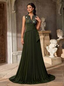 Aureia 优雅奢华的军绿色亮片刺绣雪纺圆领A字荷叶边女士正式晚礼服 - 軍綠色 - 查看 5