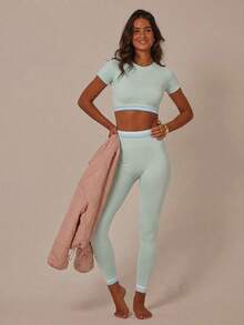 Aralina Women's Striped Crew Neck Cropped Raglan Sleeve T-Shirt And Leggings Sports Suit - Mist Green - View 8