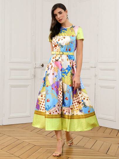 LOTSLUV Women's Spring/Summer Vacation Baroque Style Colorful Necklace, Jewelry, Heart Element Patchwork Print, Round Neck Ruched Waist A-Line Floral Print Long Dress,Elegant Dresses For Women,Festival Dresses,Yellow Dress,Summer Dresses,Holiday Dresses For Women