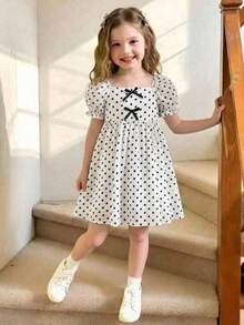 Young Girl Woven Ruffle Trim Square Neck Puff Sleeve Casual Dress - Black and White - View 3