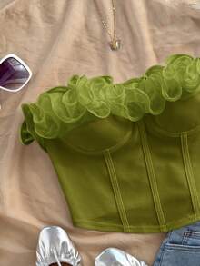 Soleia Blusa ajustada con volantes sin tirantes, romántica y sexy, adecuada para vacaciones, fiestas, citas, San Valentín, tarde de té - Verde - Ver 5