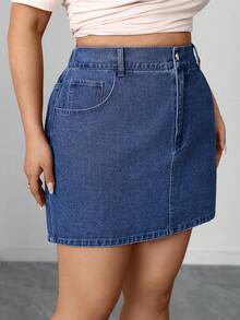 SHEIN Elenzya Minifalda de mezclilla sexy de cintura alta con bolsillos para mujer de talla grande - Azul - Ver 5