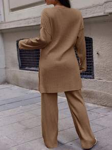 SHEIN Cottnline Conjunto De Pantalones Largos Y Camiseta Acanalada Con Dobladillo Con Aberturas De Talla Grande Para Mujer - Marrón - Ver 2