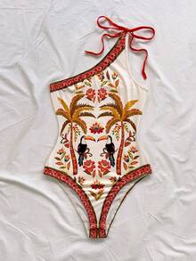 Soleia 新款女士度假针织印花不对称肩部蝴蝶结连体衣 - 彩色 - 查看 5