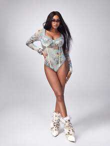 Y2Kool cha5rlie 女士法式复古性感修身长袖蕾丝拼接高腰文艺复兴印花网纱连体衣，夏季轻盈透气百搭款式 - 彩色 - 查看 4