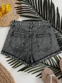 Shorts vaqueros casuales sueltos y versátiles para mujer con bolsillos y dobladillo deshilachado - Gris Claro - Ver 2