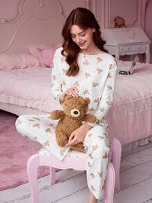 Bonmuse 两件套女士圆领长袖上衣+松紧腰裤睡衣套装 - 白色 - 查看 1