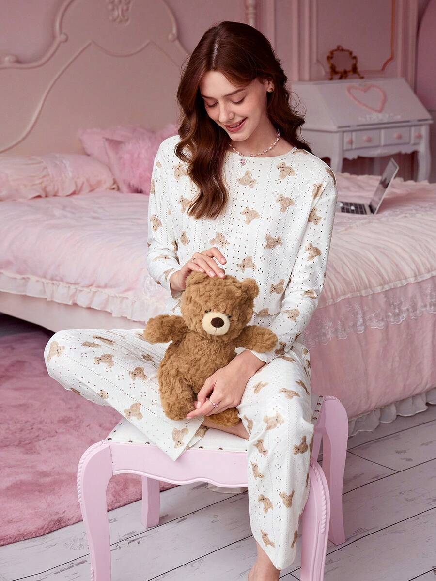 Bonmuse 两件套女士圆领长袖上衣+松紧腰裤睡衣套装 - 白色 - 查看 1