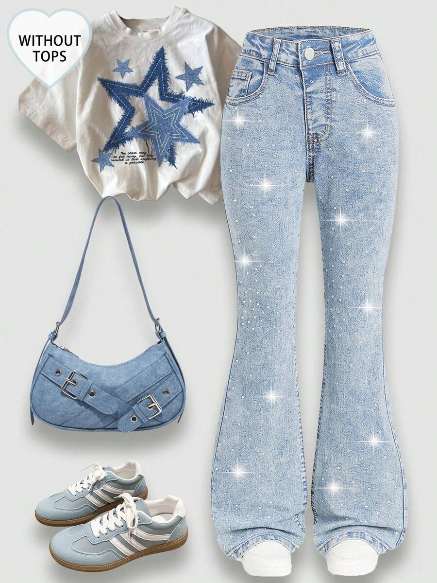 SHEIN ChillGRL بنطلون جينز أزرق فاتح مرتفع الخصر مناسب للفتيات، تصميم ضيق مطاطي مع حافة مبهتة، مناسب للخروجات اليومية والارتداء الخارجي - أزرق فاتح - مشاهدة 1