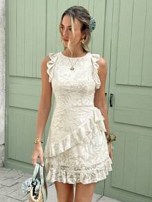 Serisse Vestido mini ajustado de cuello redondo con volantes, nudo y unicolor para mujer - Albaricoque - Ver 4