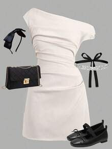 SHEIN 少女杏色褶皱不对称肩部优雅连衣裙 - 杏色 - 查看 4