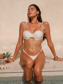 Swim Oasis Women Solid Color Shell Cup Strap Chain Decor Triangle Bottoms Chain Decor Skirt 3 PiecesSwimwear - Beige - View 8