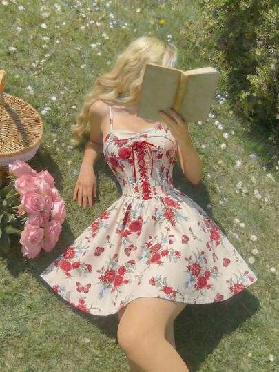 SHEIN MOD 红色撞色前系带腰身复古印花连衣裙 – 复古宫廷风，适合花园茶会、约会、派对、女士春夏连衣裙、沙滩装、春假、度假、野餐、节日、生日装扮