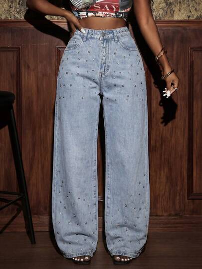 Slaydiva 夏季女士派对休闲度假装扮 高腰水钻装饰宽松口袋阔腿休闲牛仔裤
