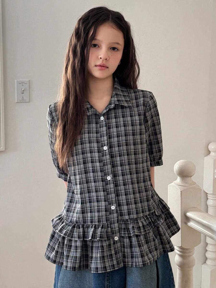 DAZY Tween Girls Plaid Collar Short Sleeve Shirt, Fall - Black and White - View 1