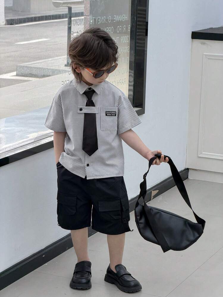 Young Boy Striped Print Applique Casual Short Sleeve Shirt Summer