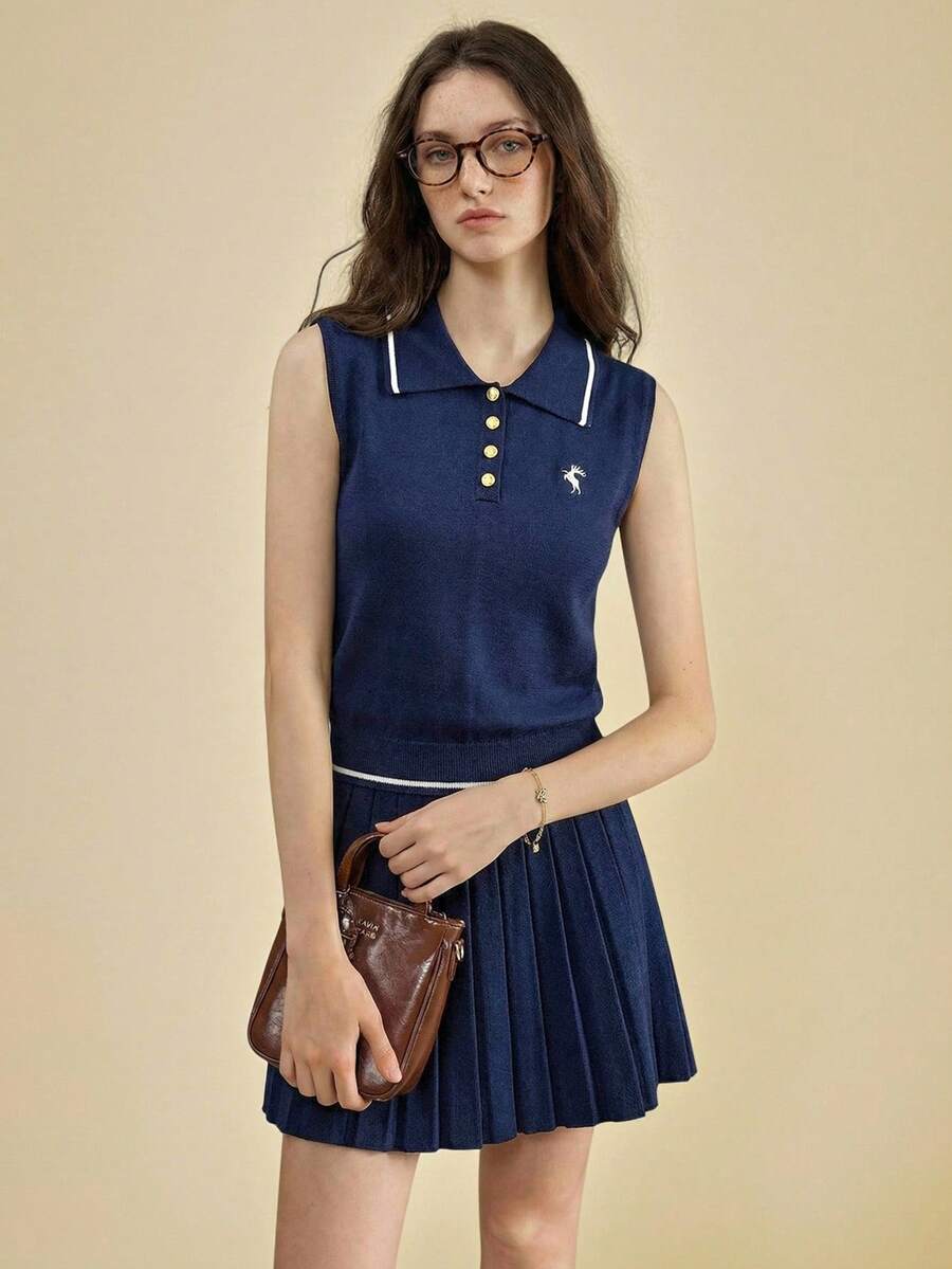 Muvela 两件套：藏蓝色翻领无袖背心和半身裙，复古学院风，优雅百搭，适合派对、通勤、办公、日常穿着。 - 藏蓝色 - 查看 1