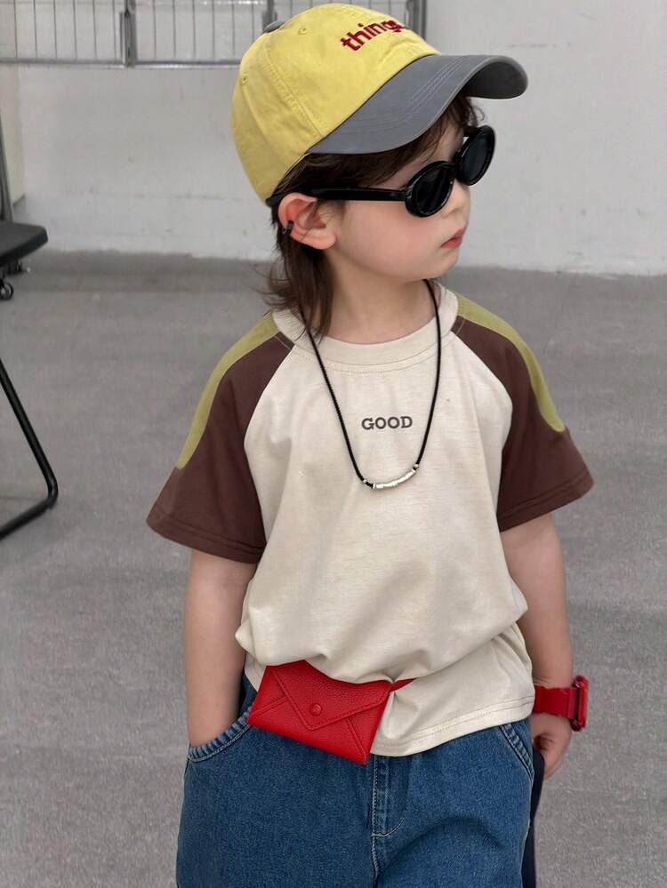 Young Boy Summer Casual Fashionable Street Daily Commute Letter Print Contrast Color Raglan Short Sleeve T-Shirt