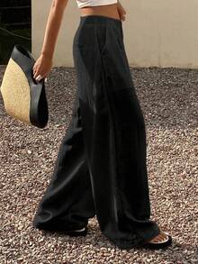 DAZY 女士宽松纯色阔腿裤，带口袋，休闲度假夏季长裤 - 黑色 - 查看 4