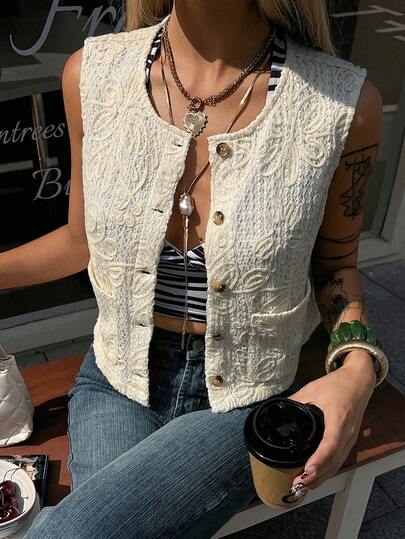 DAZY Chaleco corto casual sin mangas de tela jacquard tejida, chaqueta ligera de verano para mujer