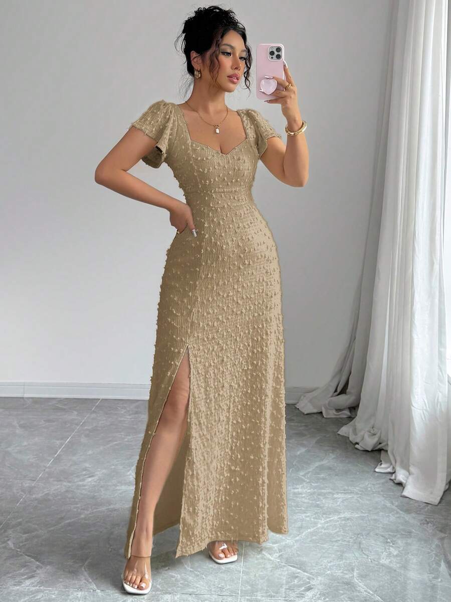 Rafferiza Đầm dài nữ màu trơn, xẻ tà, thiết kế thanh lịch, thắt eo, thích hợp cho các buổi hẹn hò và tiệc tùng. - Màu Khaki - Xem 1