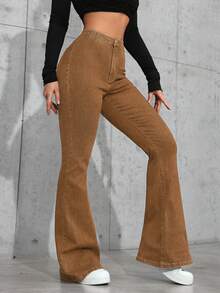 SHEIN Privé Quần jeans ống loe cạp cao, giặt mài, phong cách thường ngày - màu nâu - Xem 5